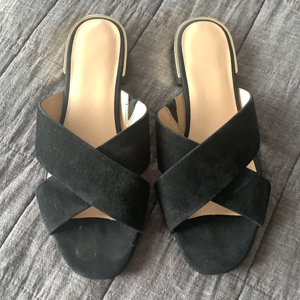 Black Suede Criss Cross Flats with Gold Heel